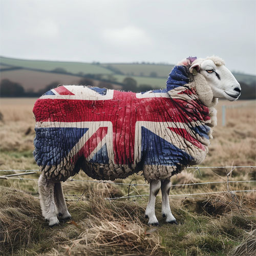 A sheep with it's coat dyed in a Union Jack pattern